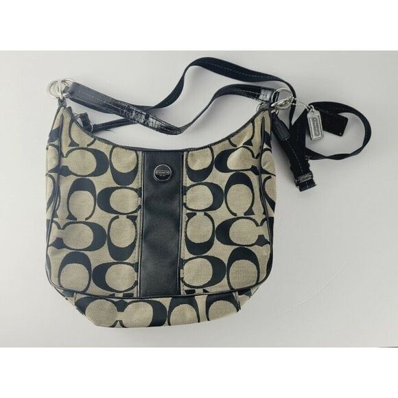 Coach Signature Stripe Hobo Convertible Shoulder Bag/Cross body Tan Black - Picture 1 of 8